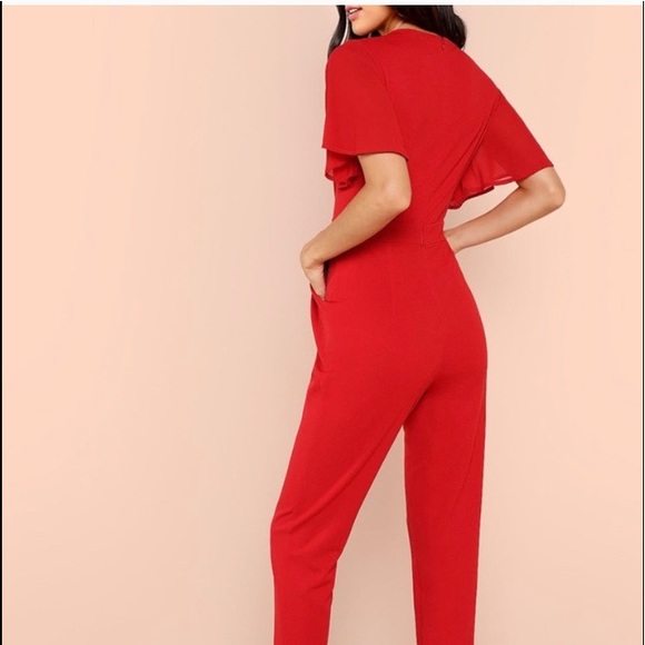 Red V Neck Flutter Sleeve Cocktail Jumpsuit - Picture 2 of 2